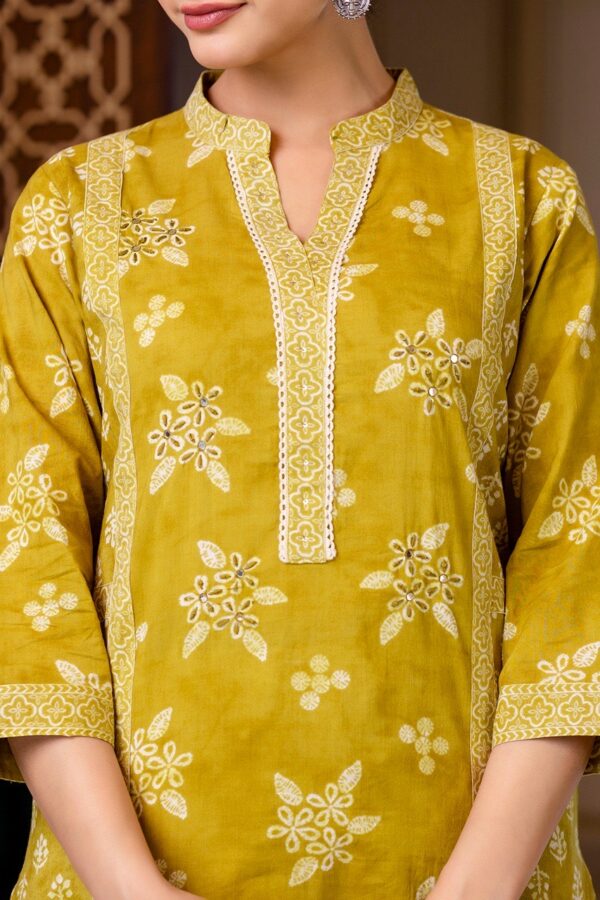 Women's Cotton Kurti Pant Dupatta Set (Lemon Yellow) - Image 2