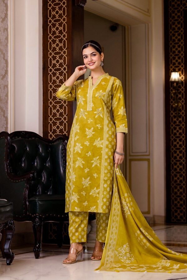 Women's Cotton Kurti Pant Dupatta Set (Lemon Yellow) - Image 4
