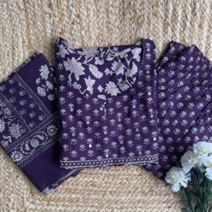 Women's Cotton Kurti Pant Dupatta Set (Violet)