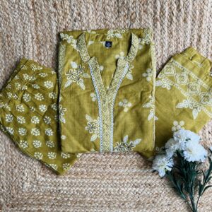 Women's Cotton Kurti Pant Dupatta Set (Lemon Yellow)