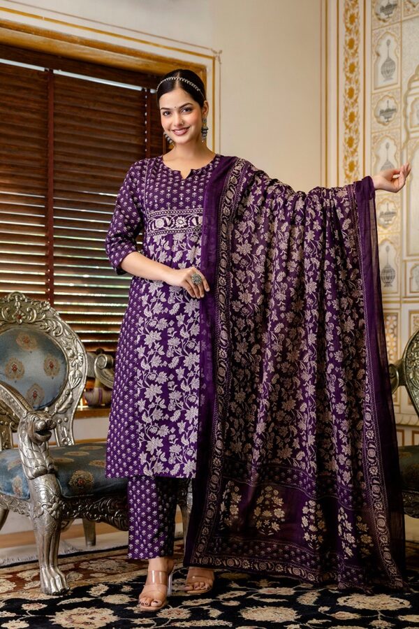 Women's Cotton Kurti Pant Dupatta Set (Violet) - Image 3