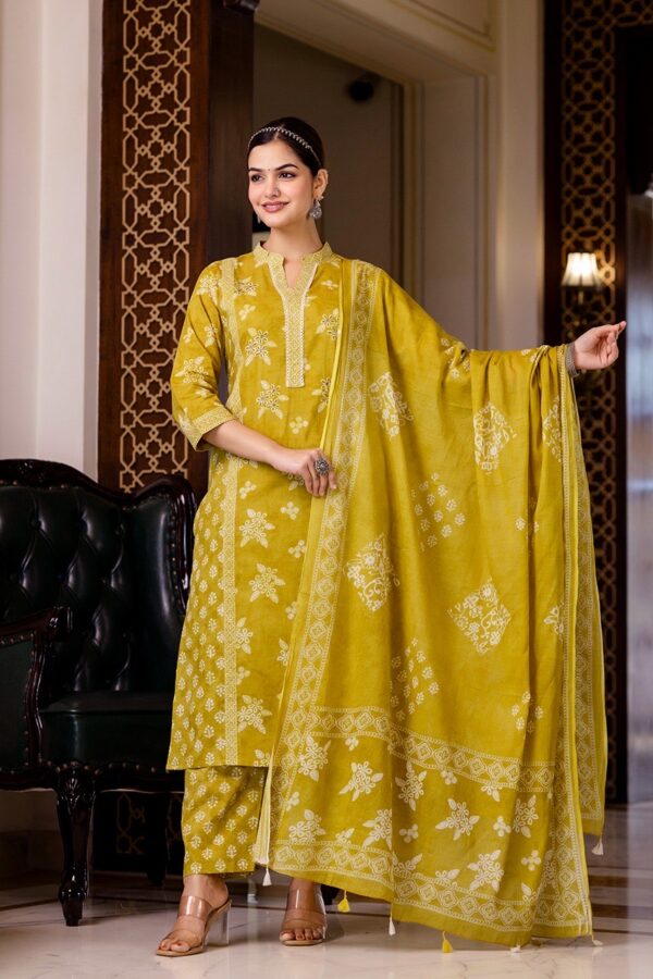 Women's Cotton Kurti Pant Dupatta Set (Lemon Yellow) - Image 3