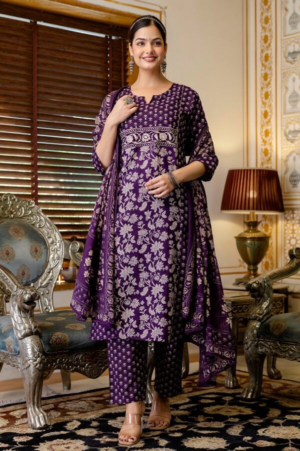 Women's Cotton Kurti Pant Dupatta Set (Violet) - Image 4