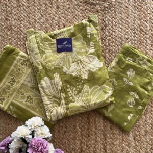 Women's Cotton Pleated Kurti Pant Dupatta Set (Aline)