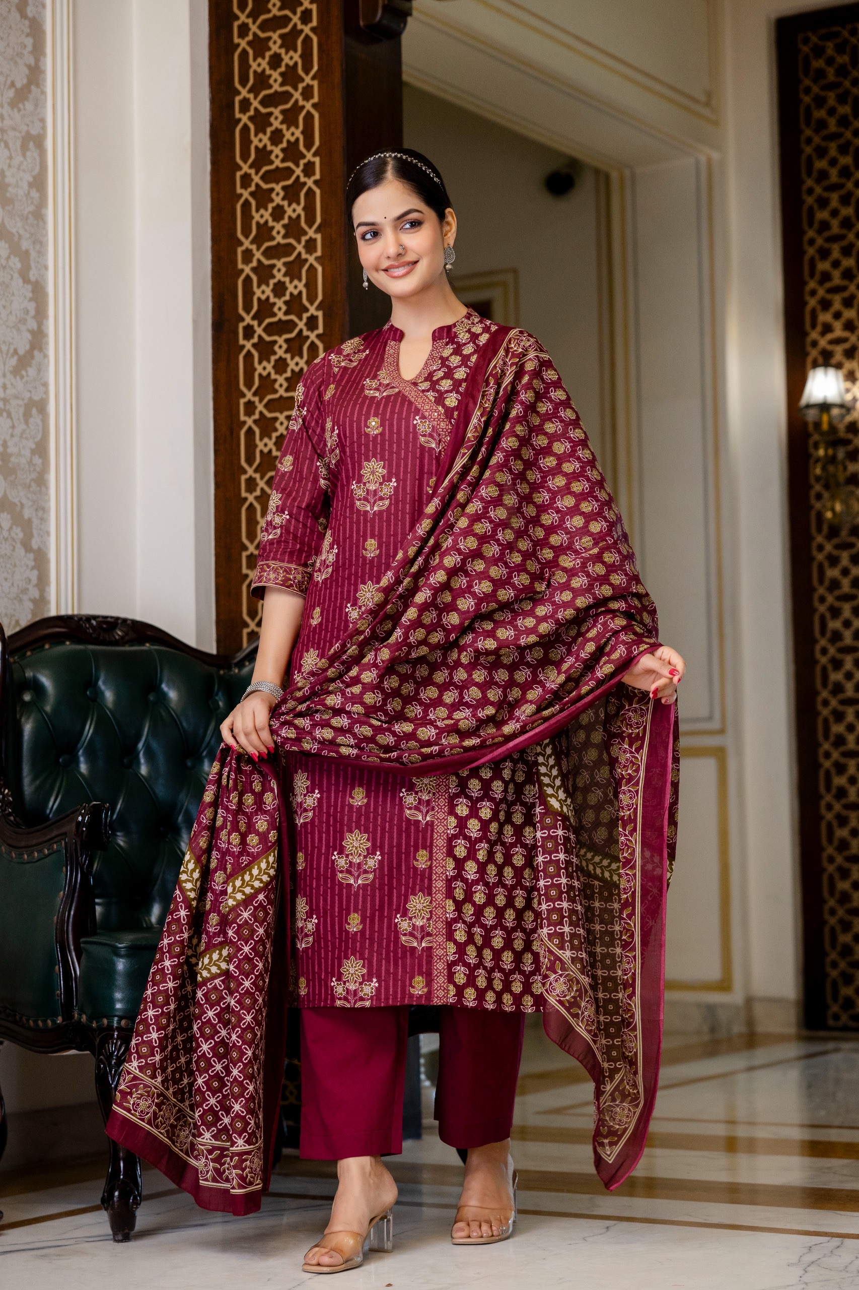 Women's Straight Cotton Kurti Pant Dupatta Set - Image 2