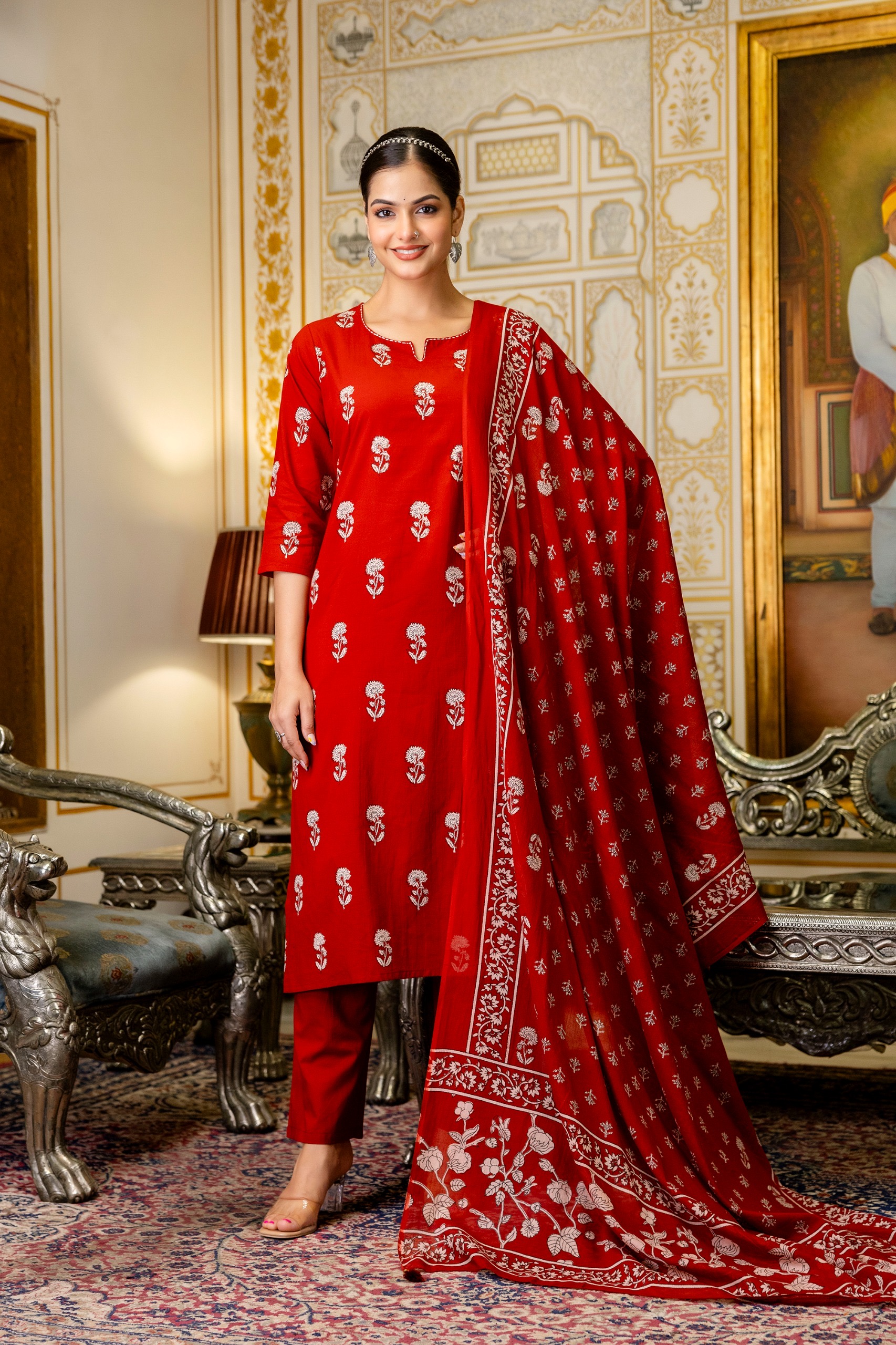 Women's Straight Cotton Kurti Pant Dupatta Set - Image 5